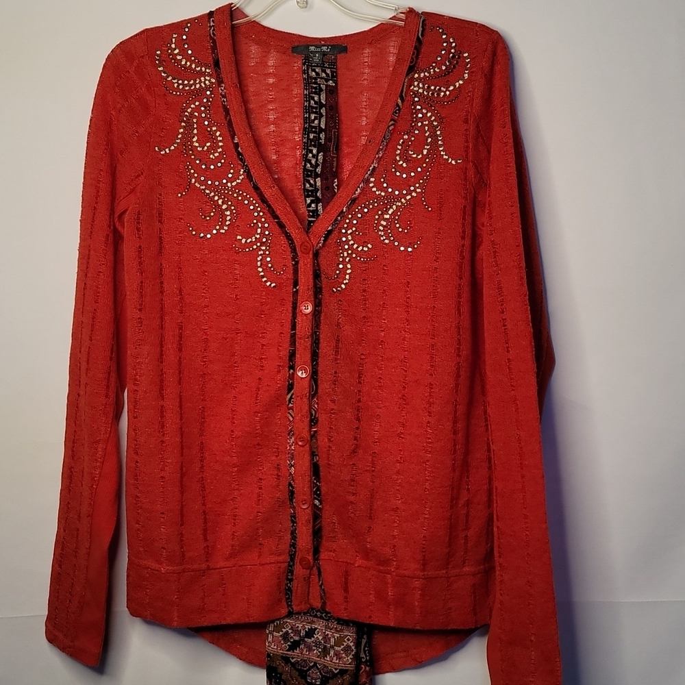 Miss Me button down long sleeve embellished layered back orange sweater top sz S